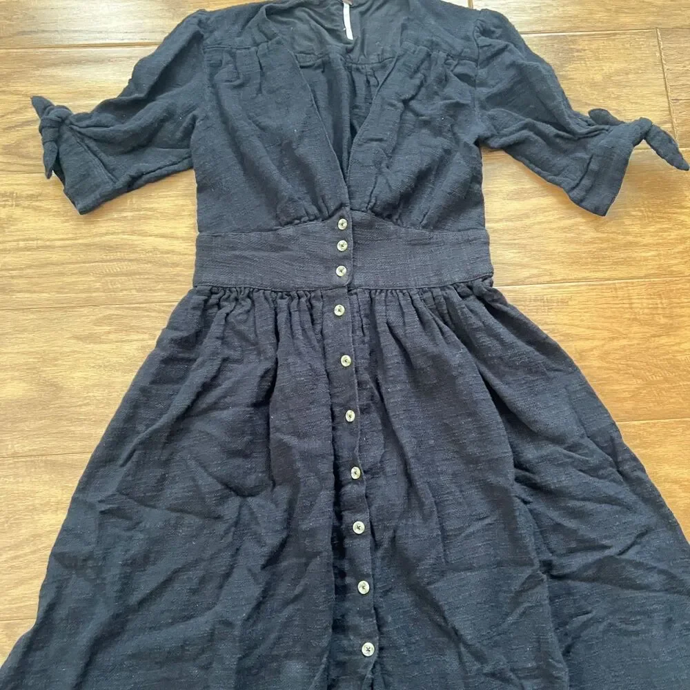 Free People Love of My Life Midi Dress Size XS Black Button Front Cotton Gauze